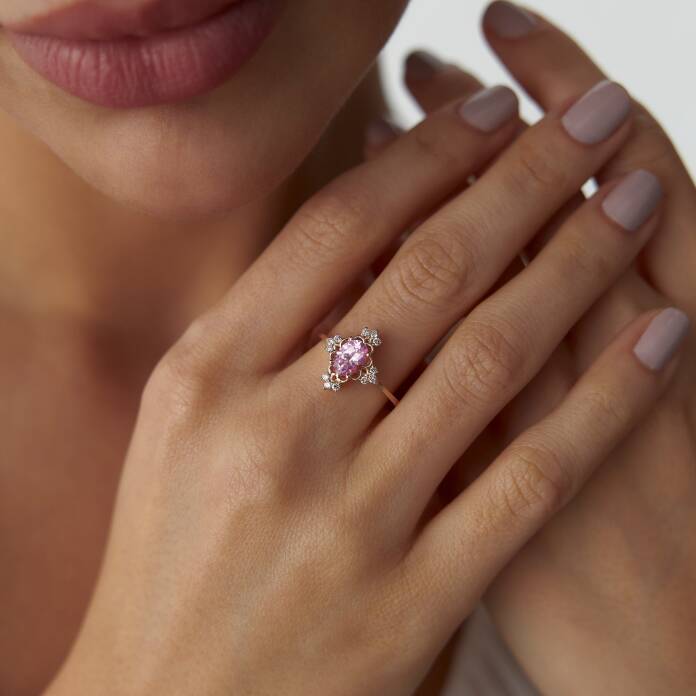 0.16 Ct Pırlanta Oval Pembe Safir Tasarım Yüzük - 1