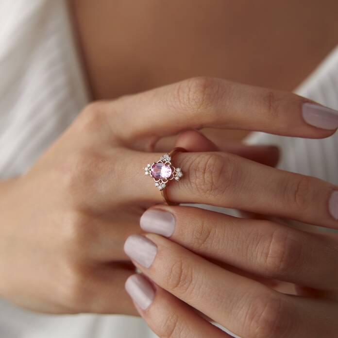 0.16 Ct Pırlanta Oval Pembe Safir Tasarım Yüzük - 2