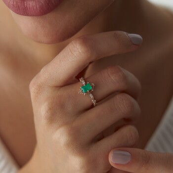 0.18 Ct Pırlanta Emerald Kesim Zümrüt Yüzük - 2