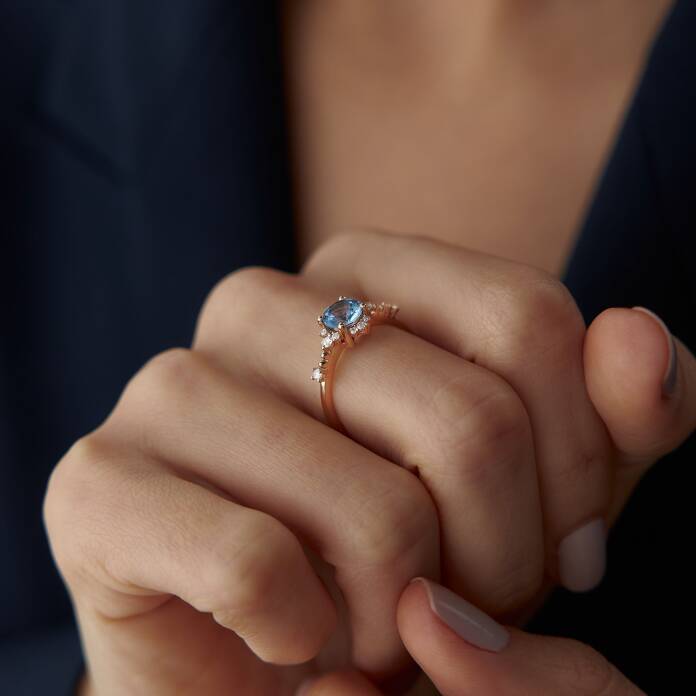 0.19 Ct Pırlanta Mavi Topaz Yüzük - 3