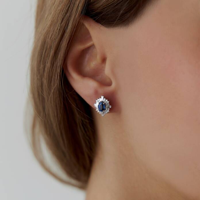 1.58 Ct Pırlanta Baget Safir Küpe - 1