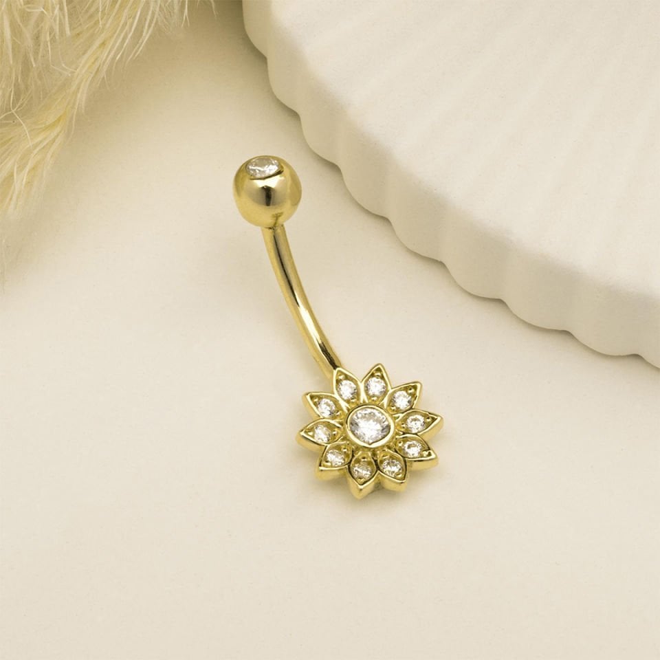 Taşlı Çiçek Motifli Göbek Piercing