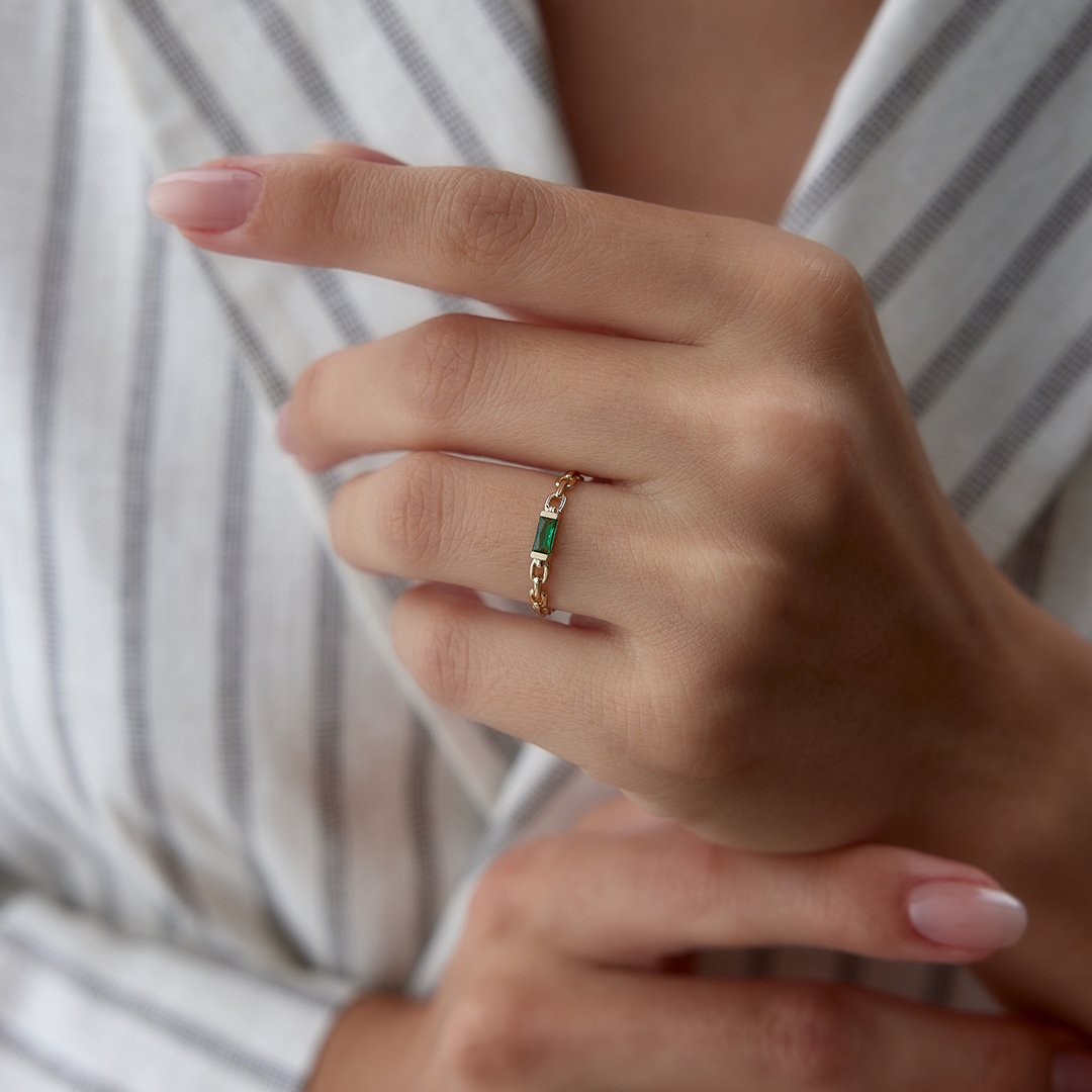 Chain Rectangle Green Yüzük