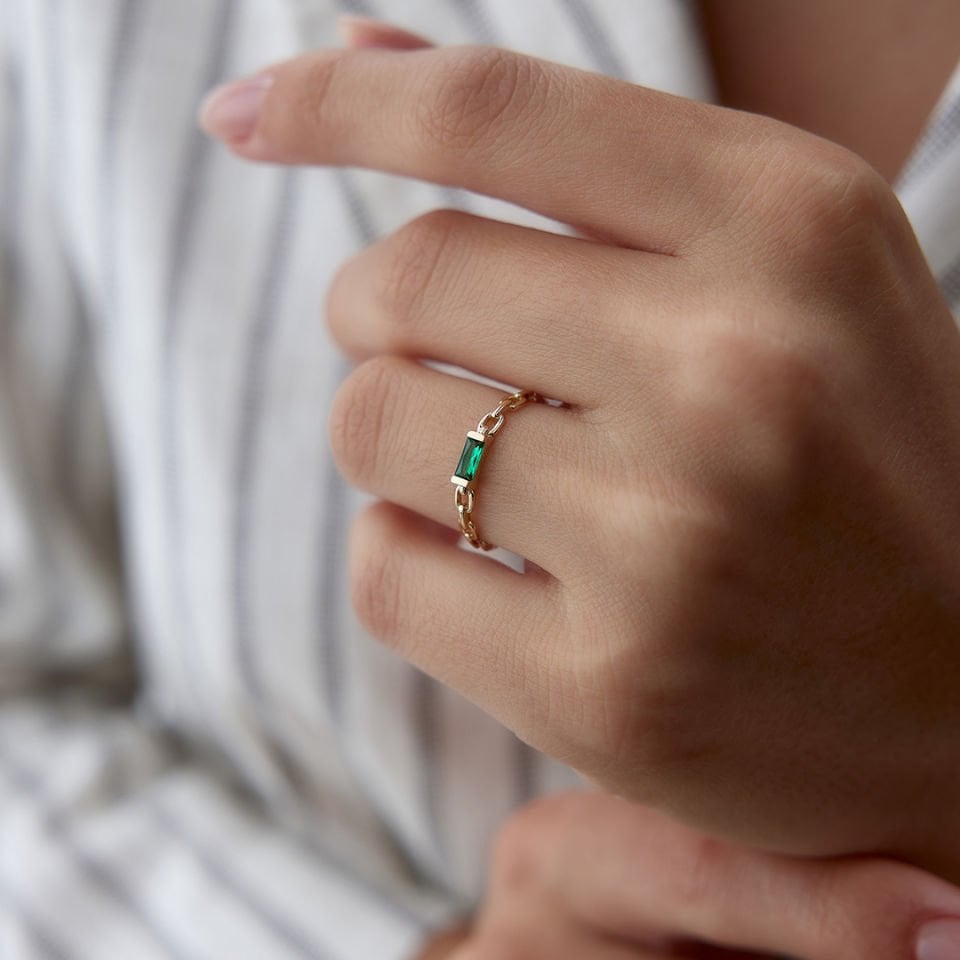 Chain Rectangle Green Yüzük