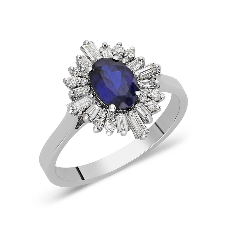 0.96 Ct Pırlanta Baget Safir Yüzük