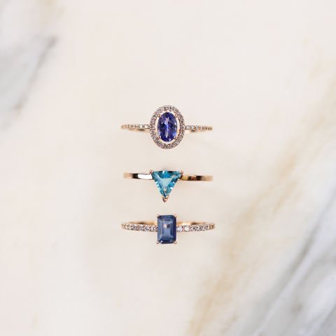 0.23 Ct Pırlanta Rectangle Mavi Topaz Yüzük