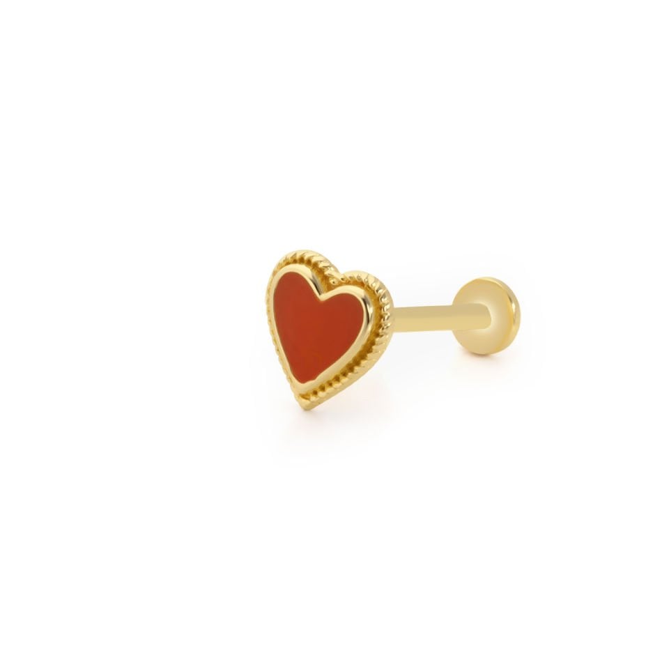 İşleme Detaylı Kırmızı Mine Kalp Tragus Piercing