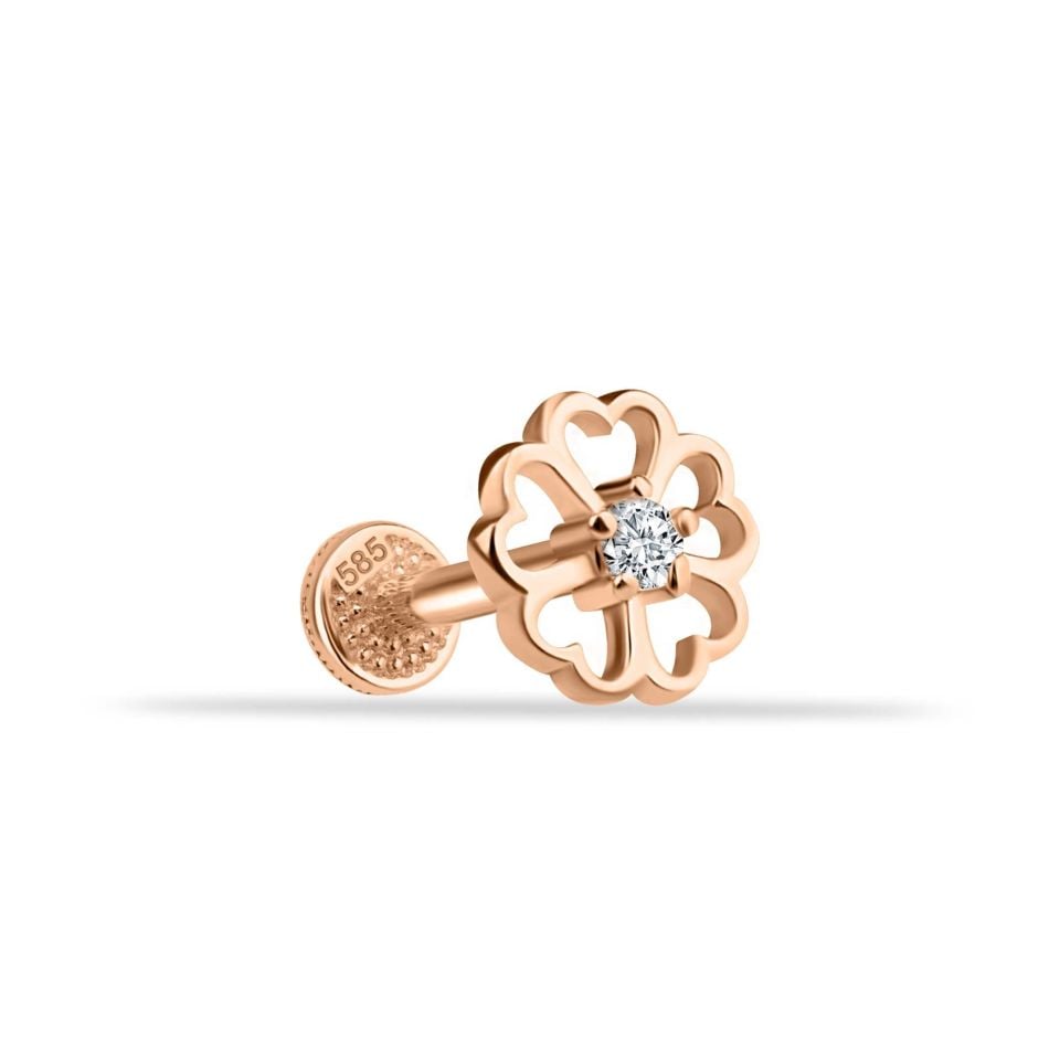 Taşlı Kalp Çiçek Motifli Minimal Tragus Piercing