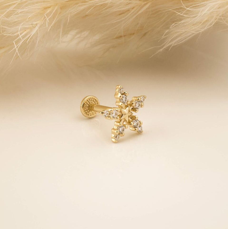 Taşlı Yıldız ve Çiçek Motifli Minimal Tragus Piercing
