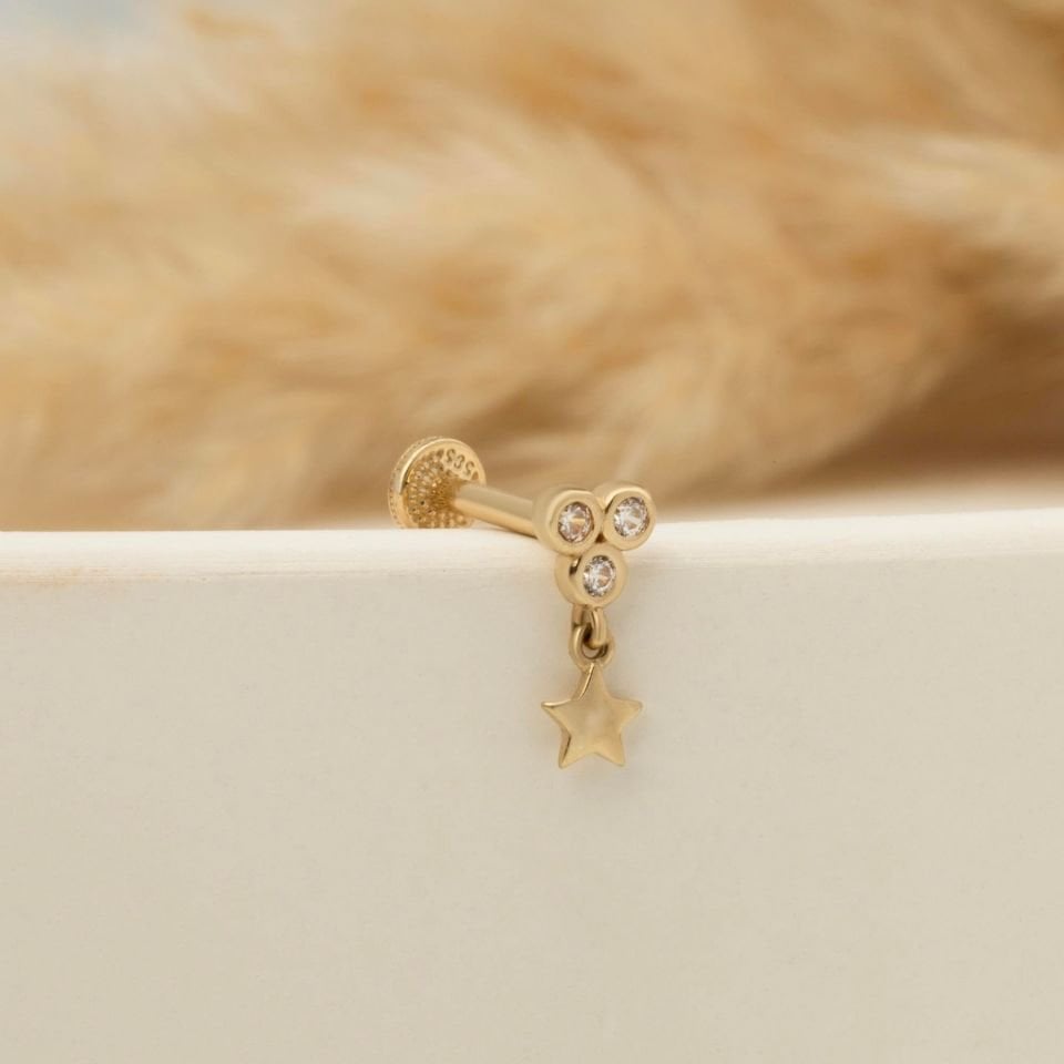 3 Taşlı Yıldız Sallantılı Minimal Tragus Piercing