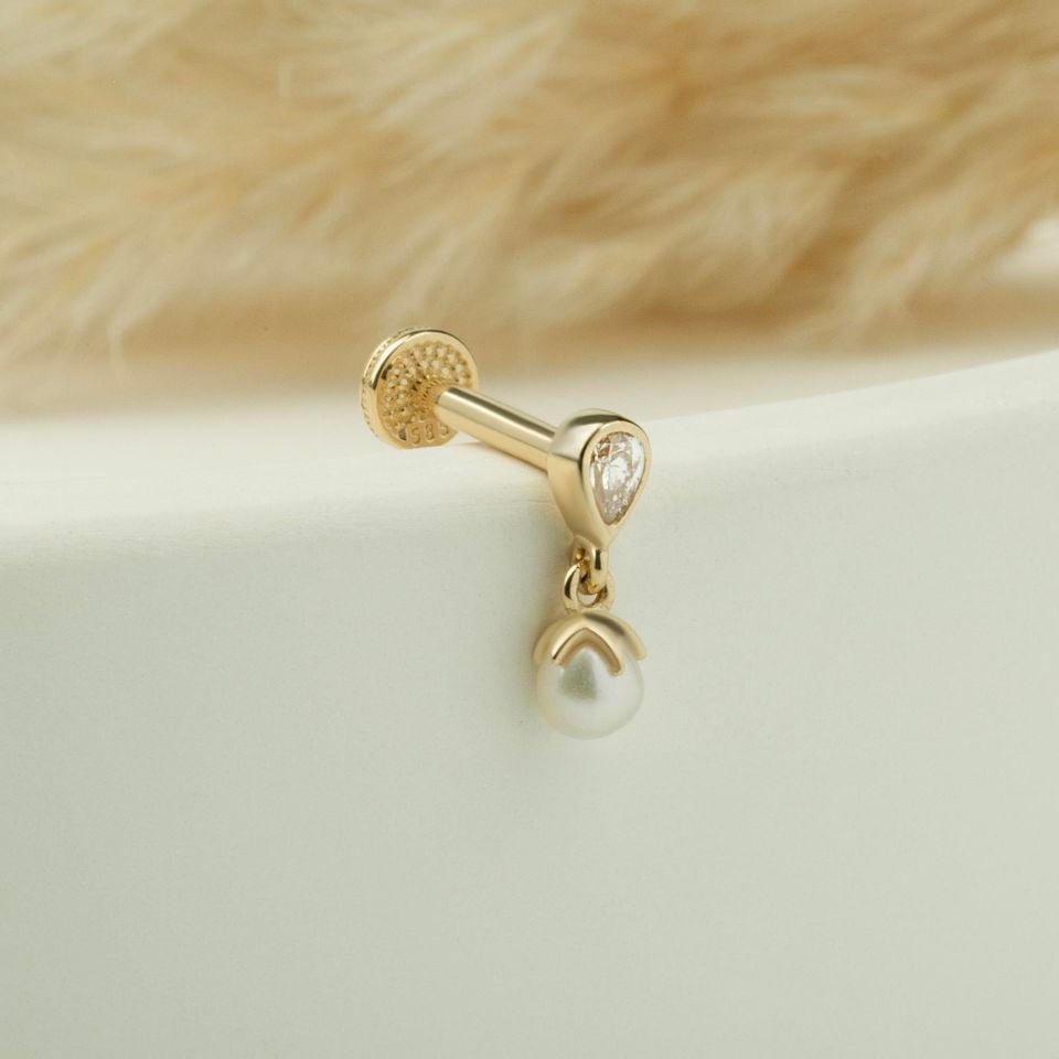 Luna Damla Taşlı İnci Sallantılı Minimal Tragus Piercing