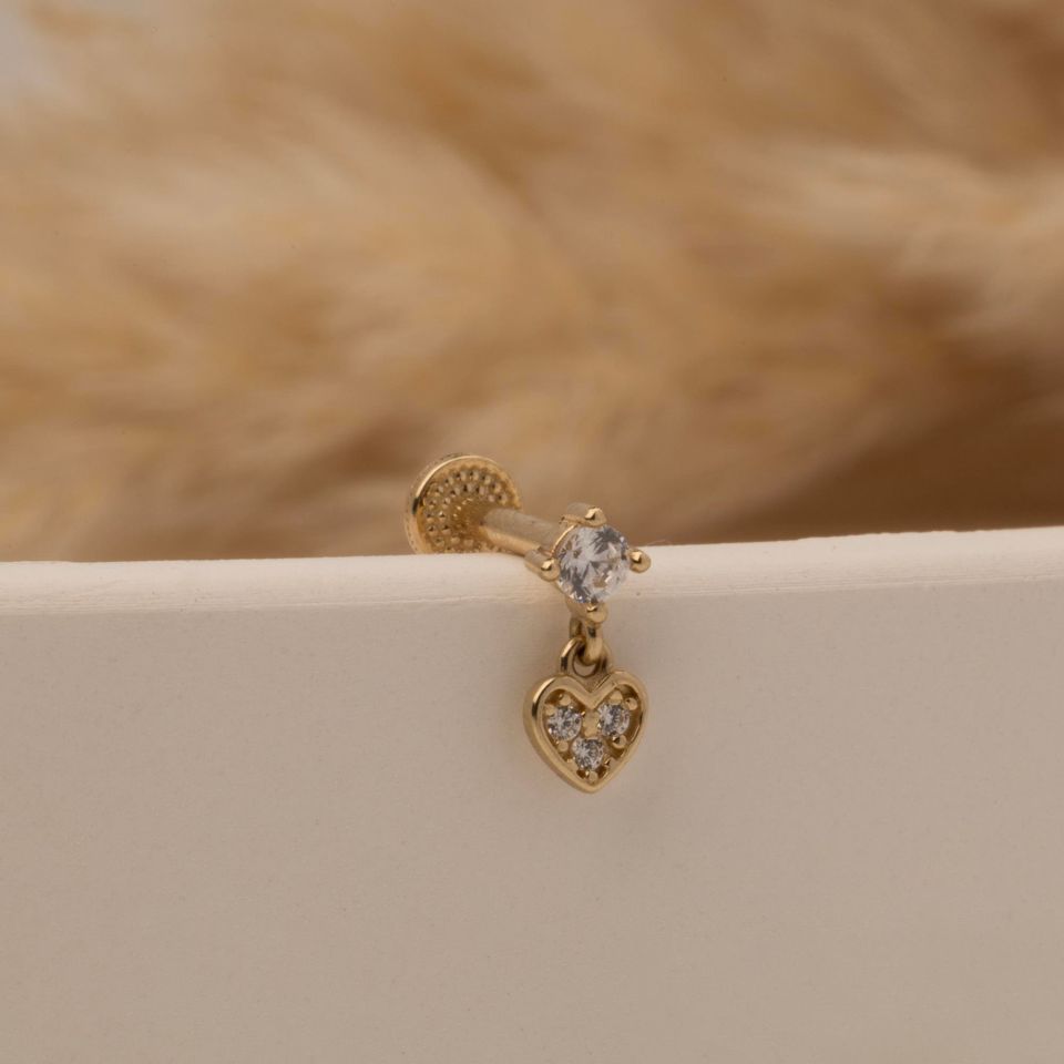 Taşlı Kalp Sallantılı Minimal Tragus Piercing