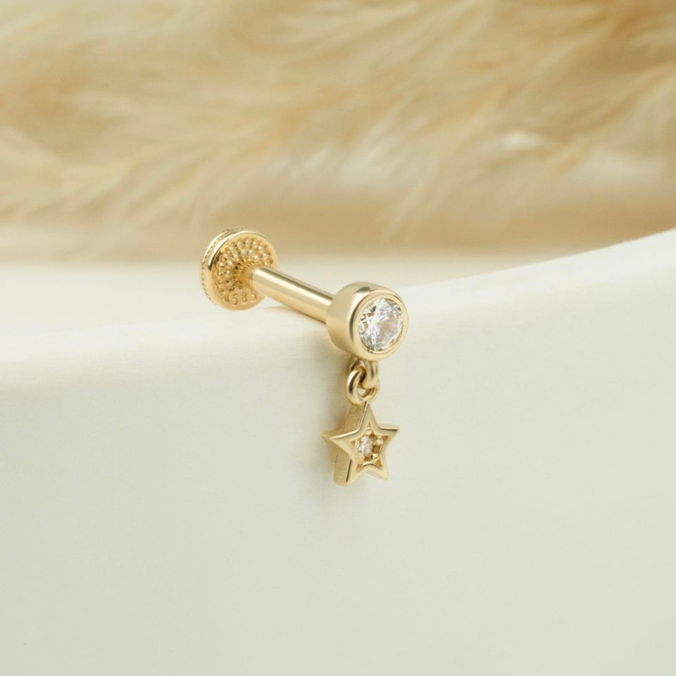 Taşlı Yıldız Sallantılı Minimal Tragus Piercing