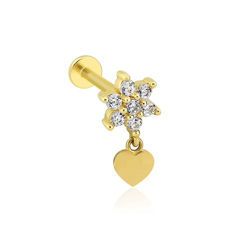 Taşlı Çiçek Ucunda Kalp Tragus Piercing