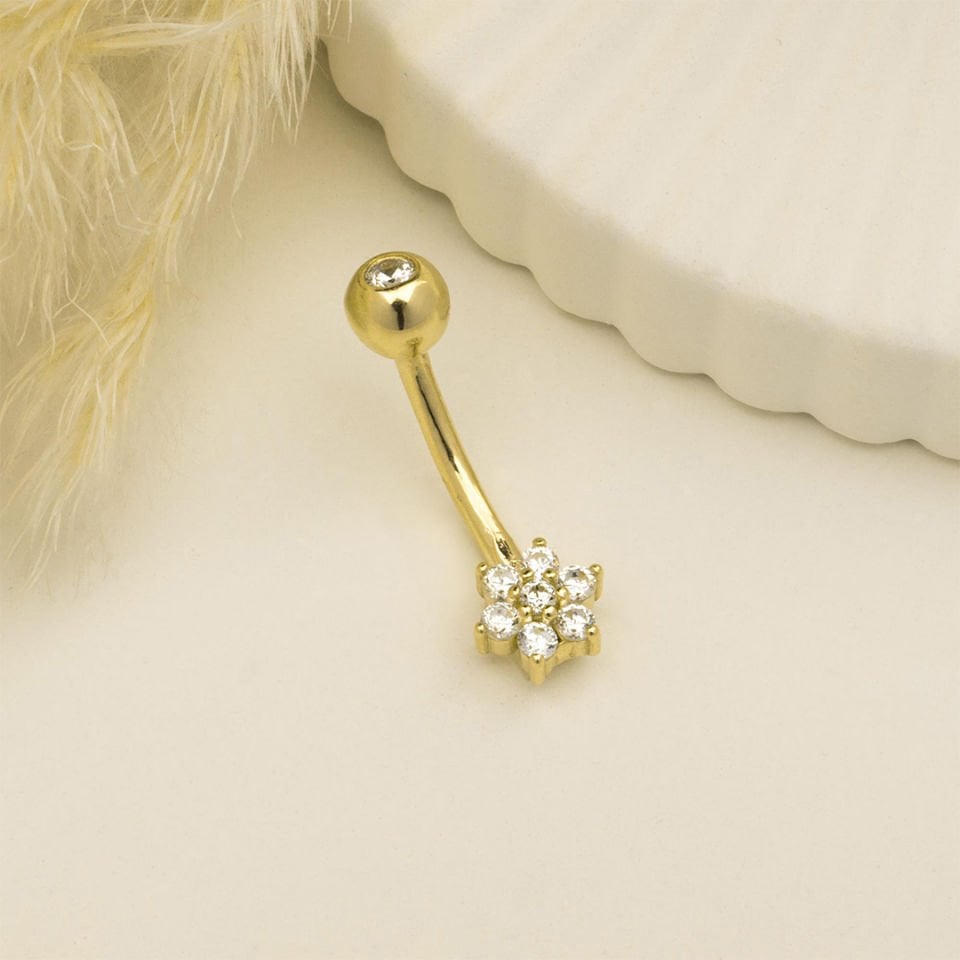 Taşlı Çiçek Motifli Göbek Piercing