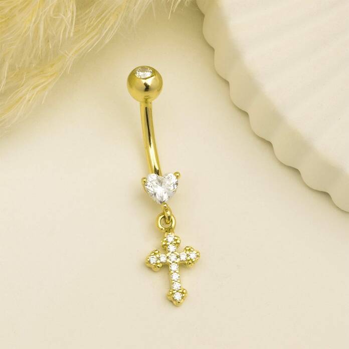 Kalp Taşlı Haç Sallantılı Göbek Piercing - 2