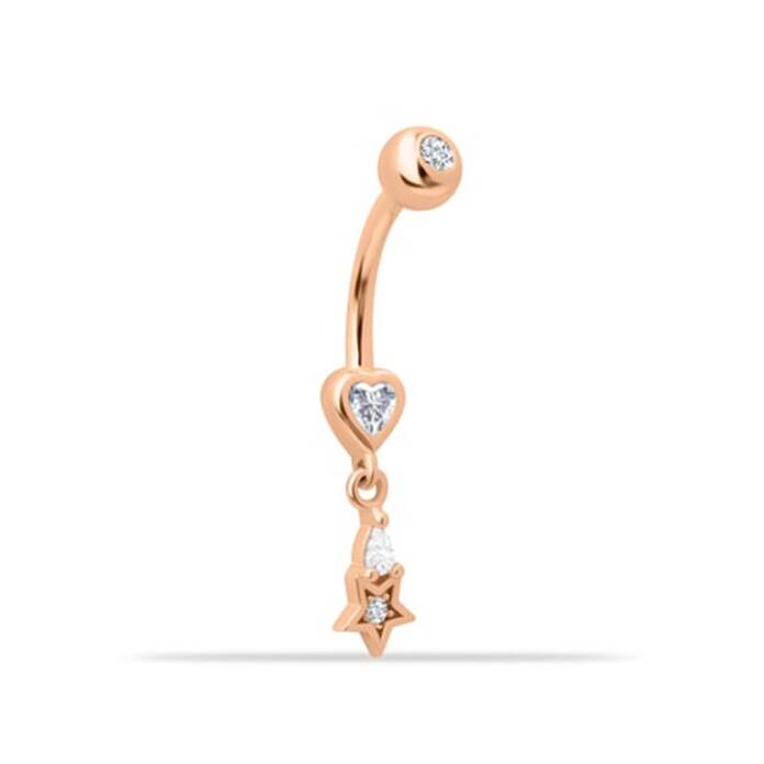 Kalp Taşlı Yıldız Sallantılı Göbek Piercing - 1