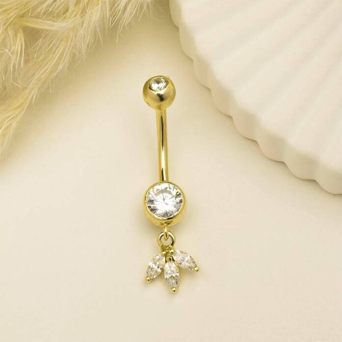 Taşlı Lotus Çiçek Sallantılı Göbek Piercing - 2