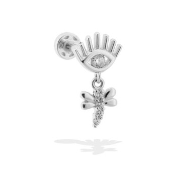 Taşlı Yusufçuk Sallantılı Göz Motifli Minimal Tragus Piercing - 3